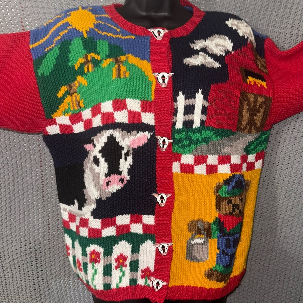 vtg Eagles Eye country farm cow teddy bear hand knit cardigan sweater Small - Picture 2 of 7